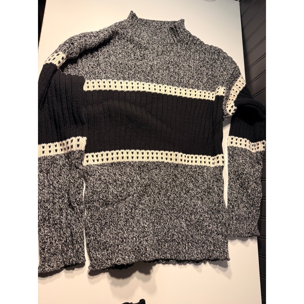 Jantzen Sport Mens Medium Mock Neck Marled Knit Striped Pullover Sweater Black
